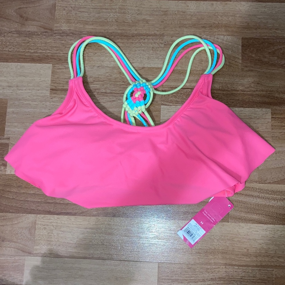Coral ruffle criss-cross back bikini top